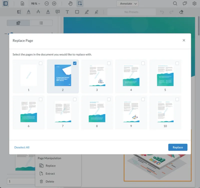 The user can select the pages for replacement.