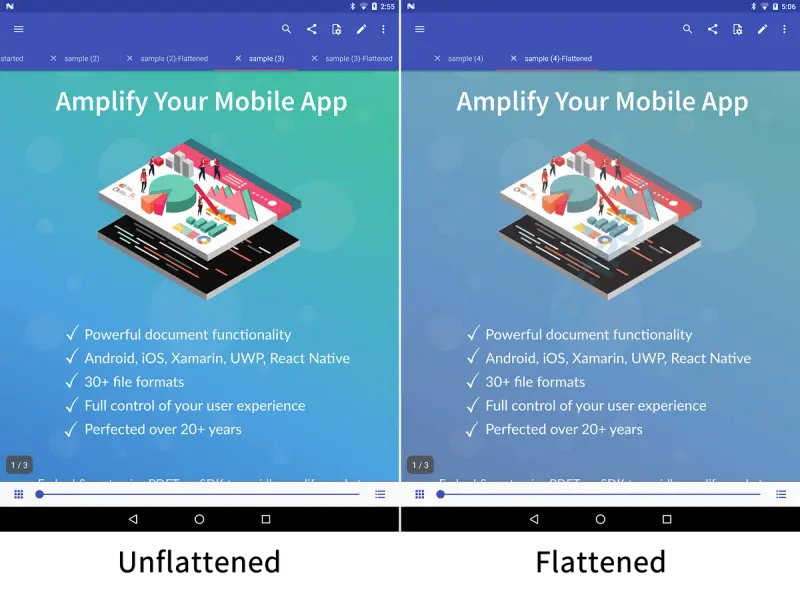 Normal and flattened pdf content compared