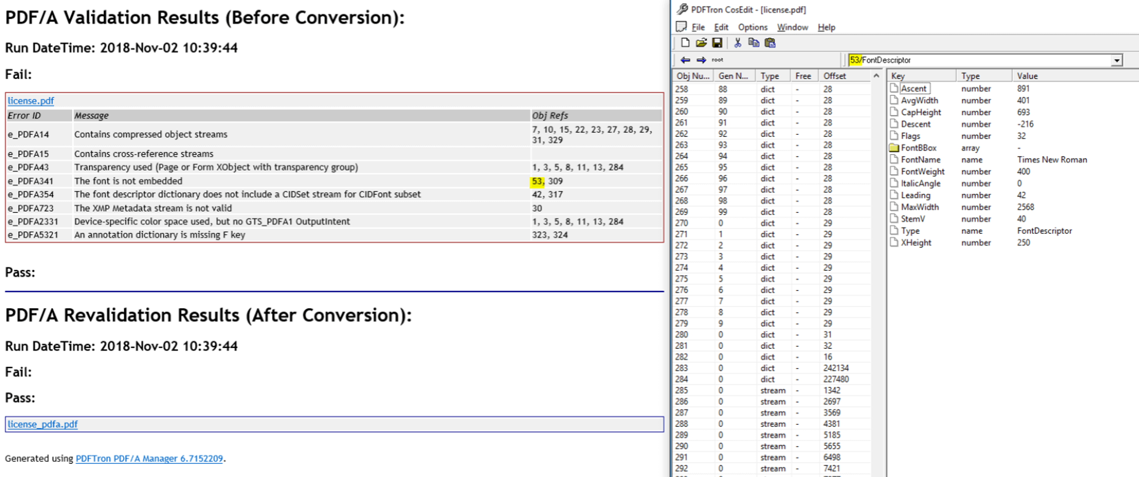 Image of Apryse PDF/A converter command-line tool output report (on the left) with the CosEdit window (on the right)