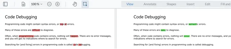 Semantic text comparison used to highight word pairs