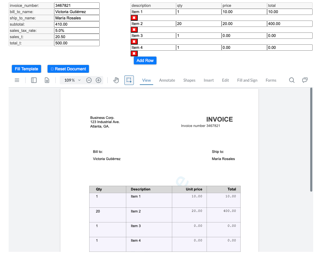 A screenshot of the invoice being generated with the use of templates