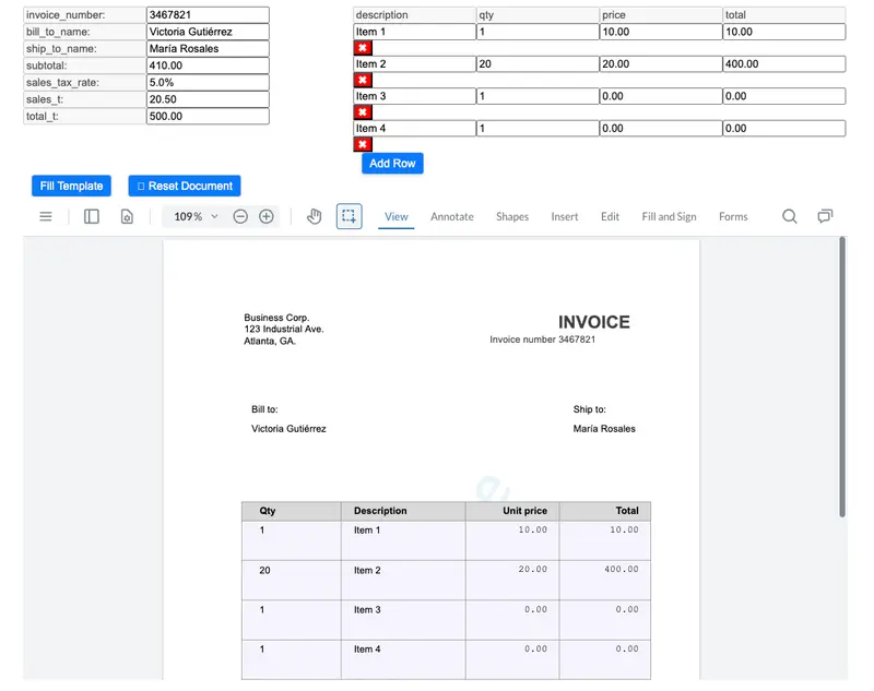 A screenshot of the invoice being generated with the use of templates