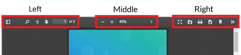 Red boxes indicating the left, middle and right sections of the toolbar