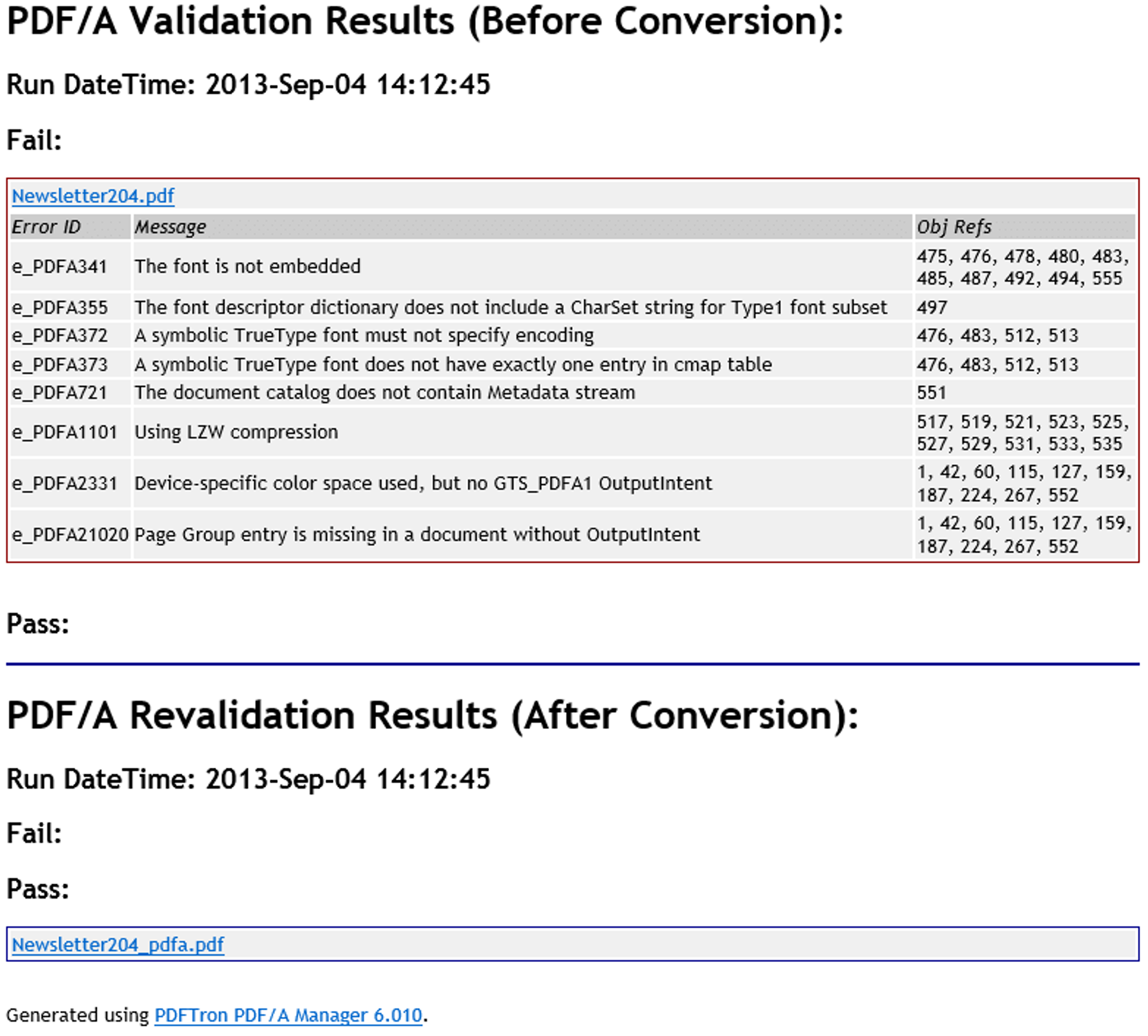 Example report from converting a PDF document to a PDF/A-2b document