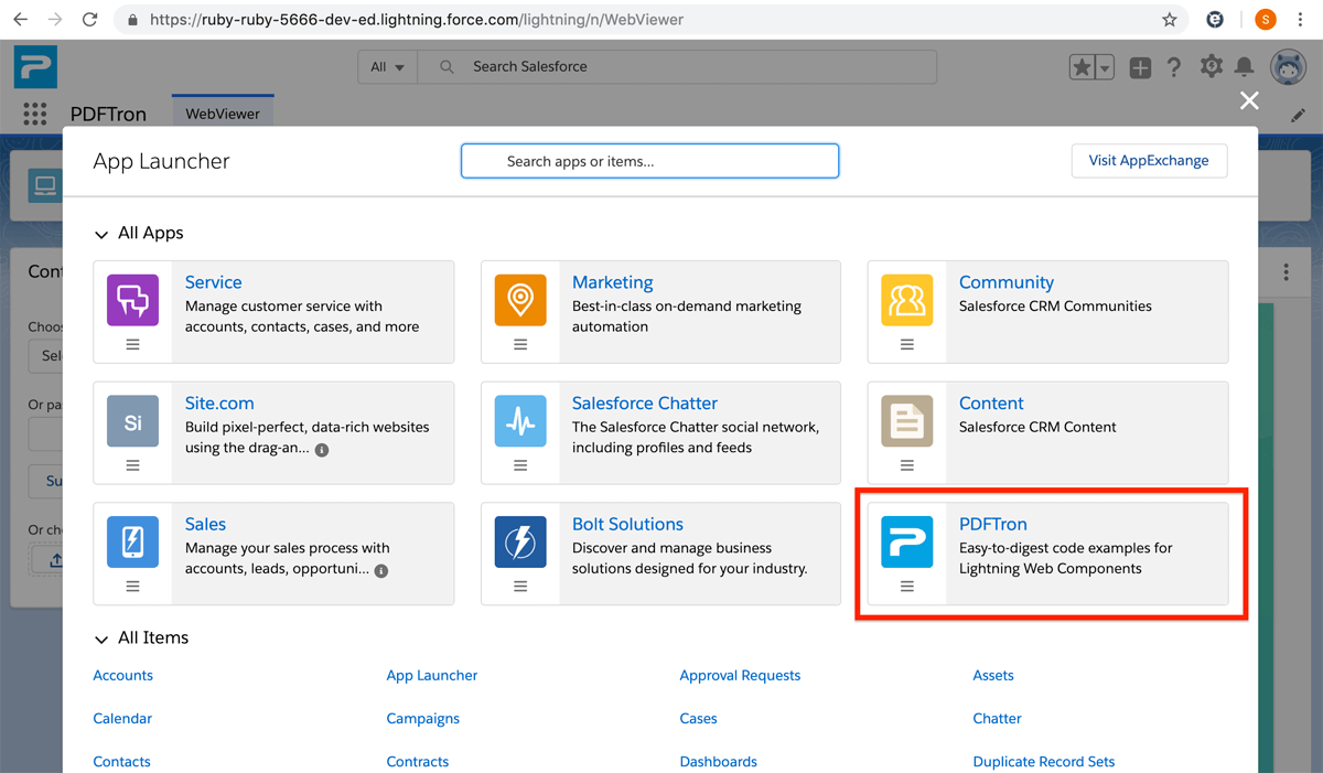 Click the app launcher icon and select PDFTron