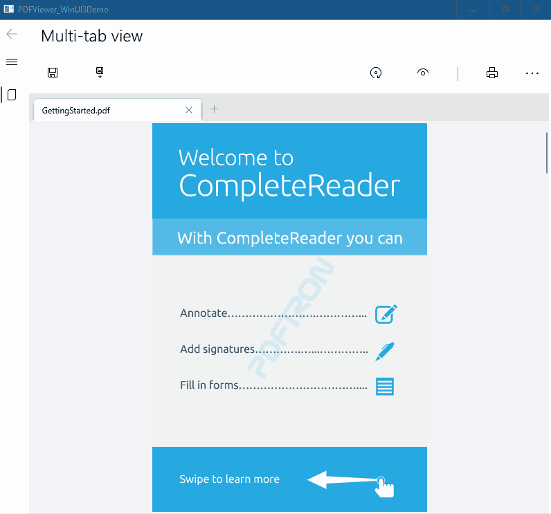Animation of annotation, form filling, and signing tools in a WinUI PDF viewer.