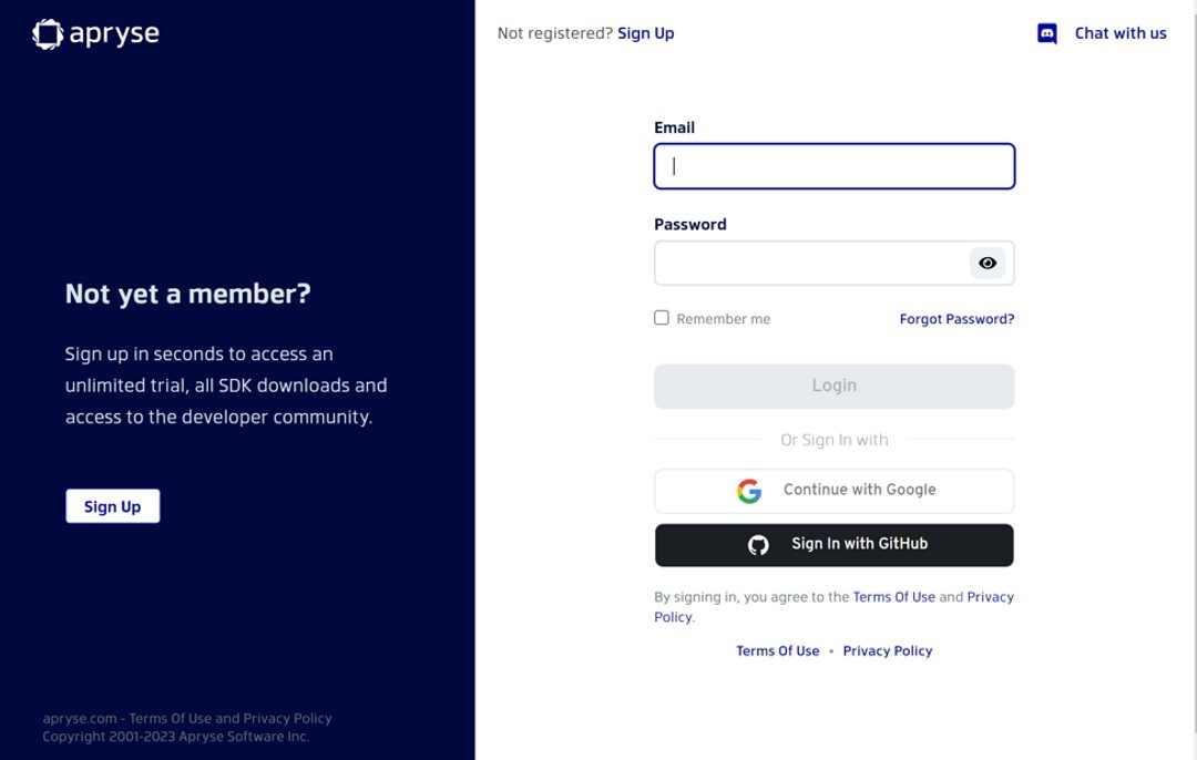 developer portal login page
