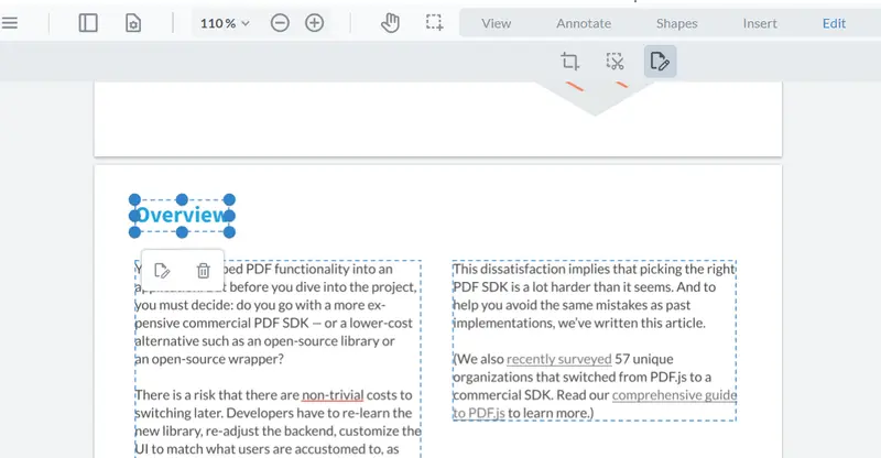 An image showing the start of editing text within the PDF.