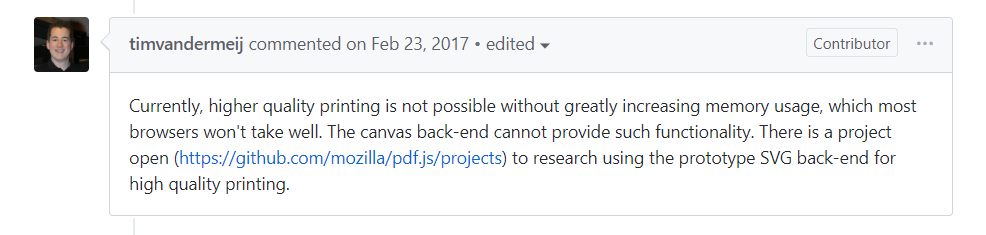 Core community contributor comment on PDF.js printing