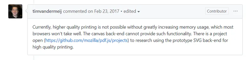 Core community contributor comment on PDF.js printing