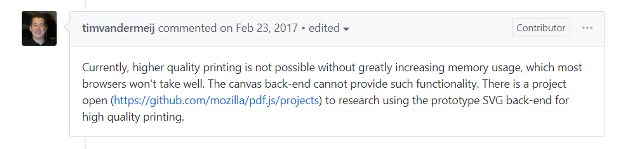 Core community contributor comment on PDF.js printing