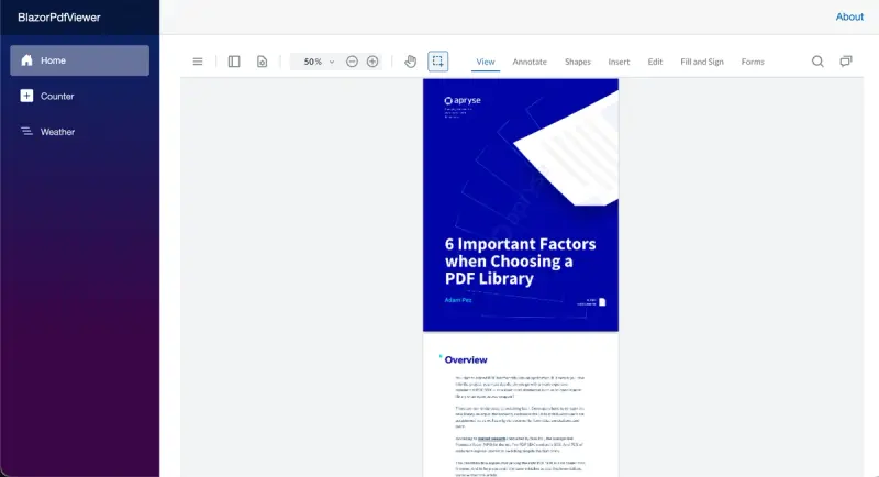 PDF viewer displayed in a Blazor web application