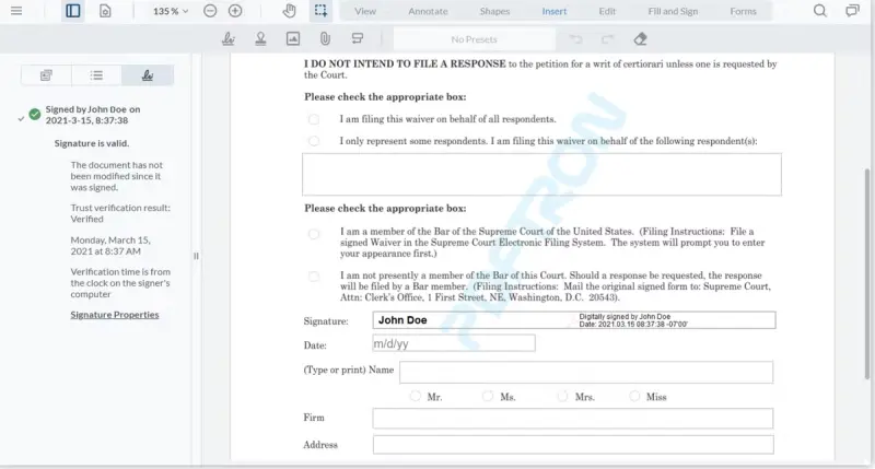 Validated digital signature in a document