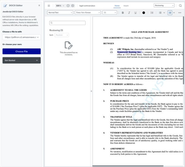 Apryse docx editor as shown on showcase.apryse.com