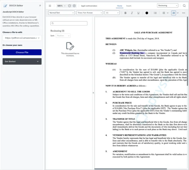 Apryse docx editor as shown on showcase.apryse.com