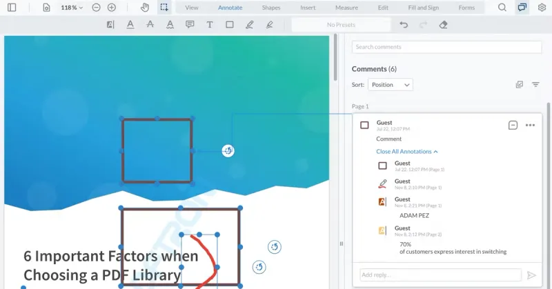 Group annotations to resolve issues in a single discussion thread.