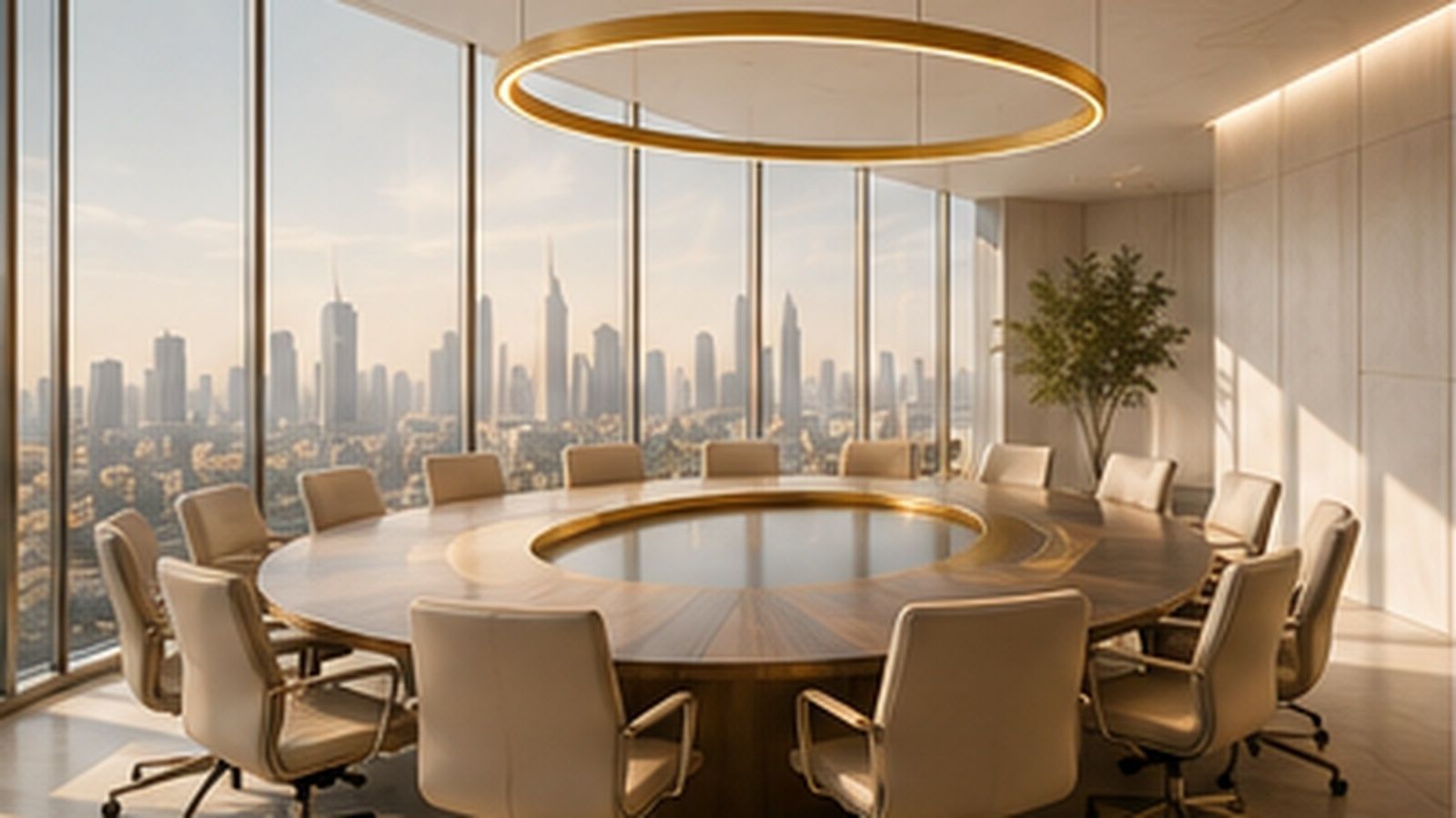 A round boardroom table ringed with cream leather chairs beneath a circular gold pendant light, a city skyline beyond floor-to-ceiling windows at golden hour — board leadership and succession.