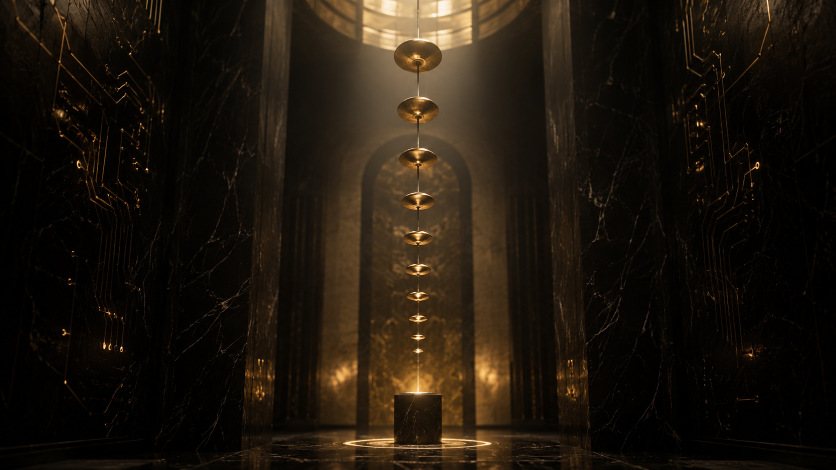 Abstract tall dark vault with veined-marble walls etched with faint AI circuit motifs; a vertical column of polished brass discs descends from a high arched ceiling on a fine cable toward an illuminated plinth below — succession as a continuous, governed line.