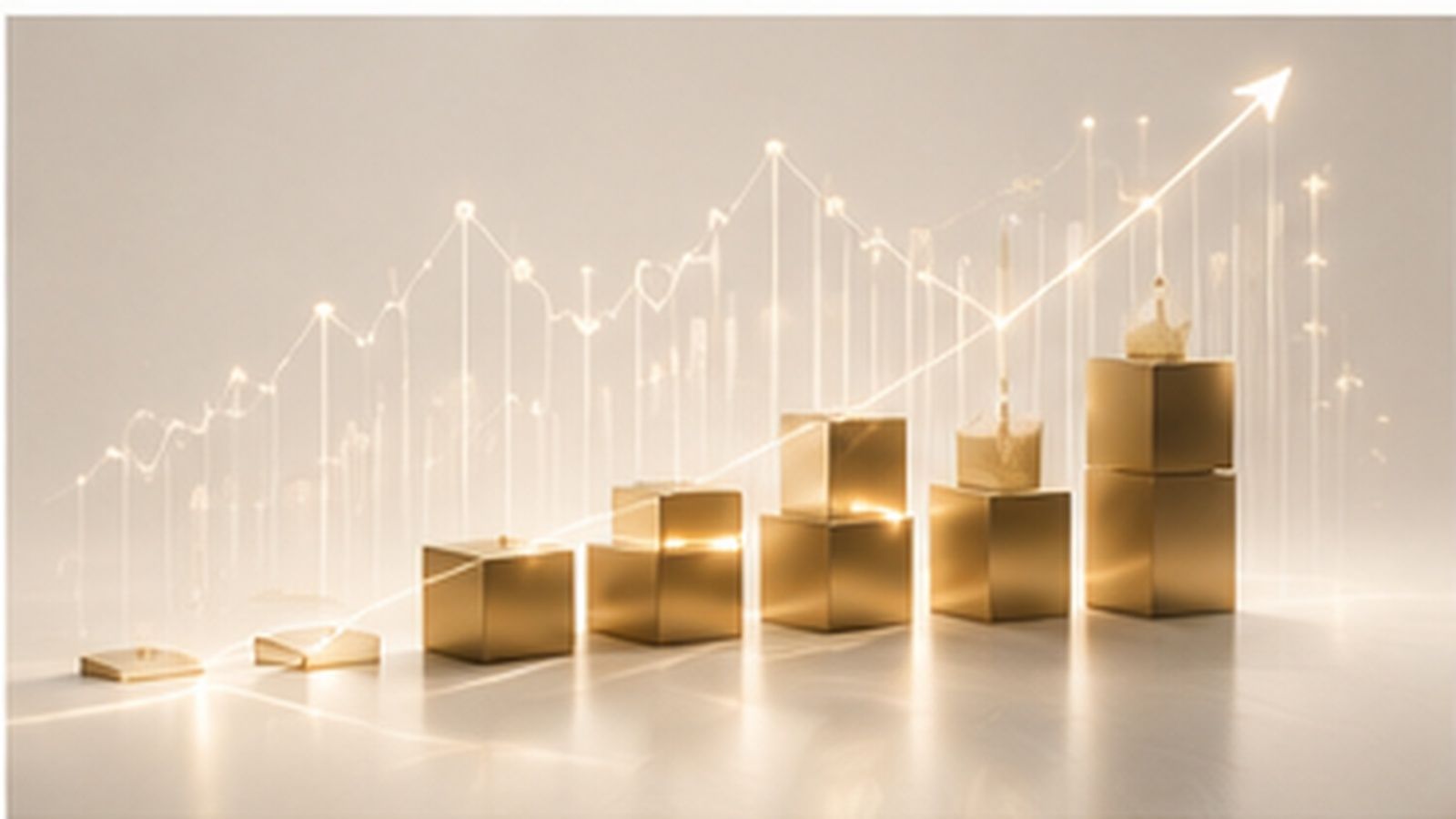 A rising series of golden bar-chart columns with an ascending arrow.