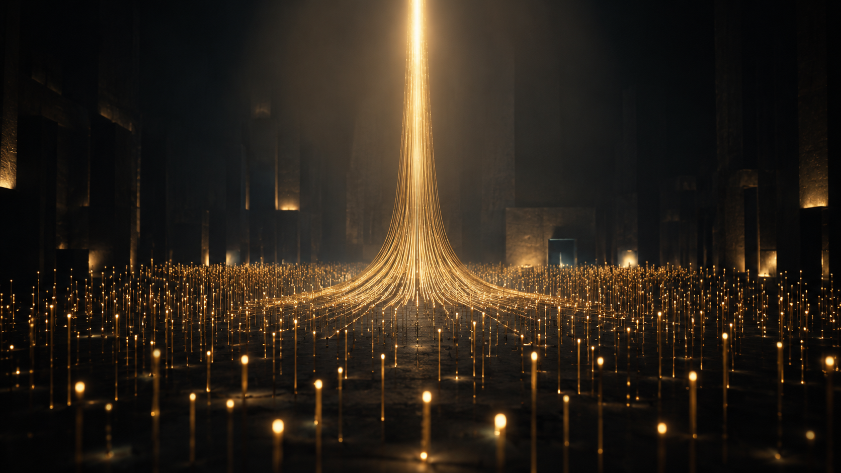 Abstract dark cavernous hall: thousands of slender brass-gold filaments rise from the floor and funnel through a single luminous vertical spine of light — a massive distributed workforce aligned to one accountable axis.