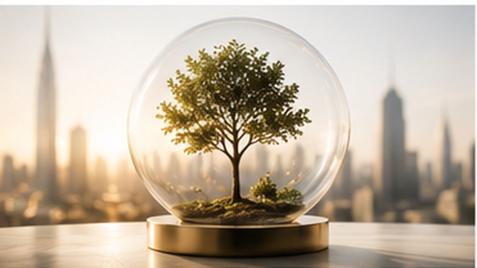 A young tree inside a glass dome on a pedestal, a city skyline behind it.