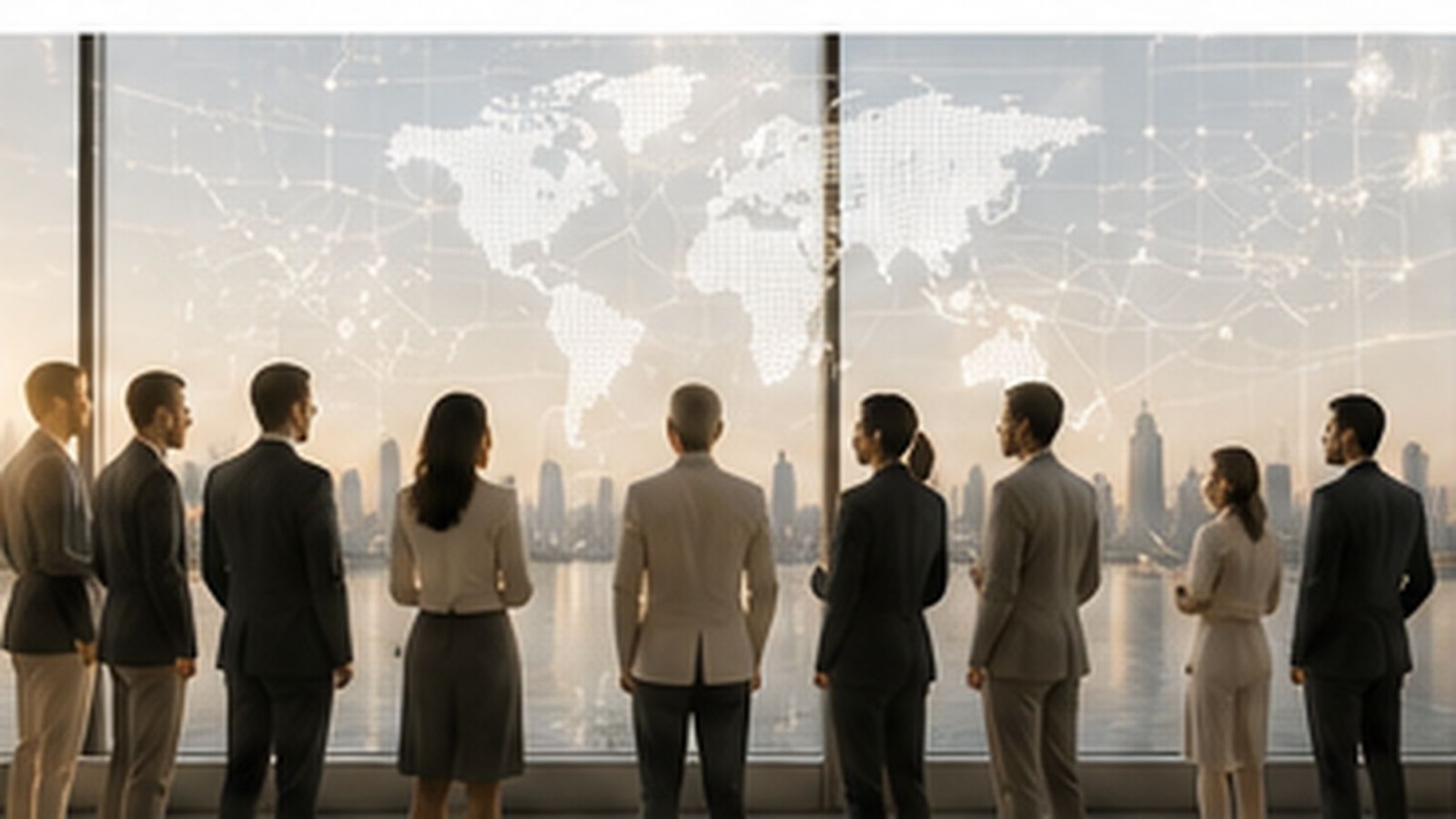 A group of executives in silhouette looking out over a world map and skyline.