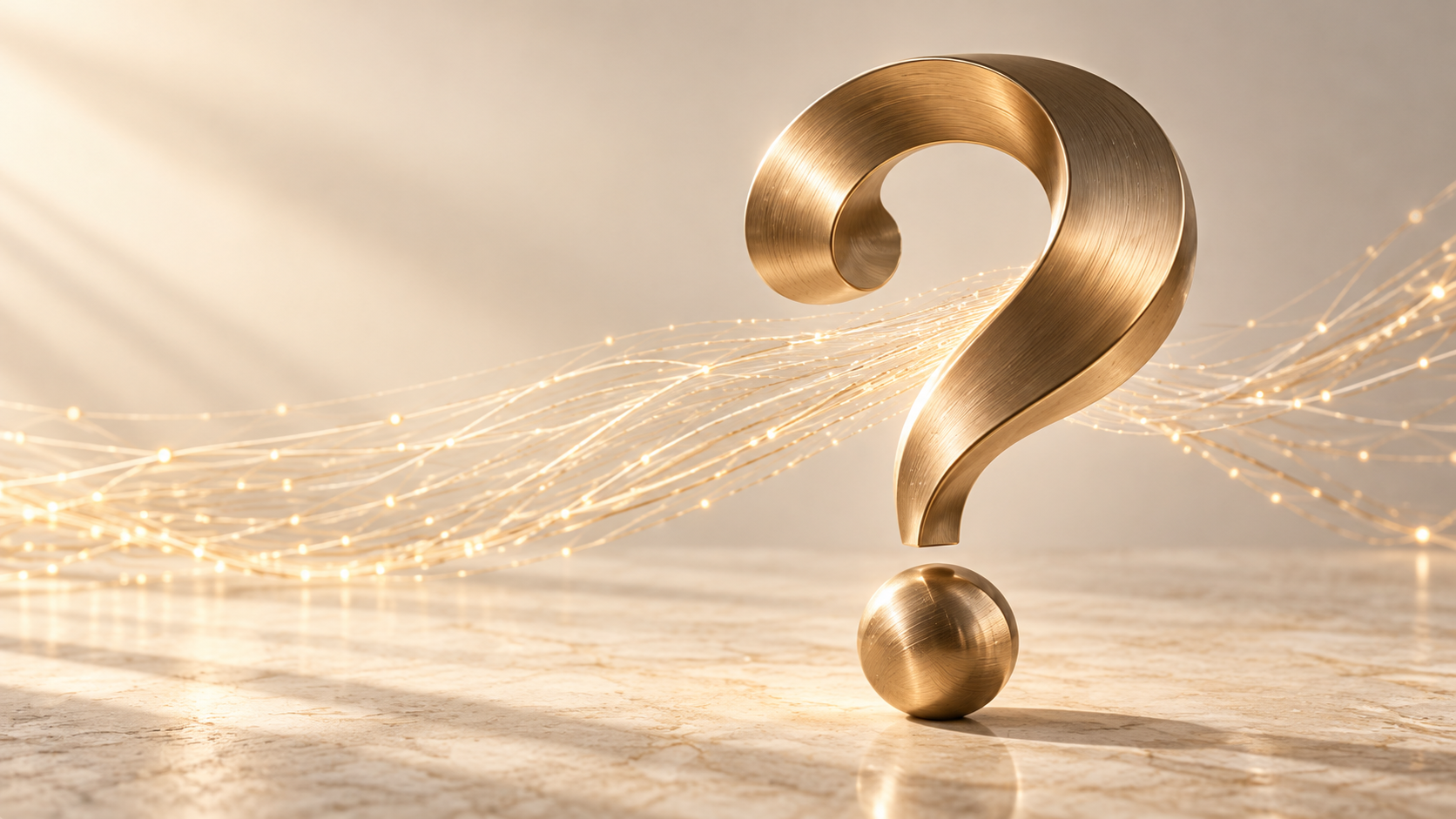 A bronze question mark balanced above a bronze sphere on pale stone, crossed by strands of golden light.