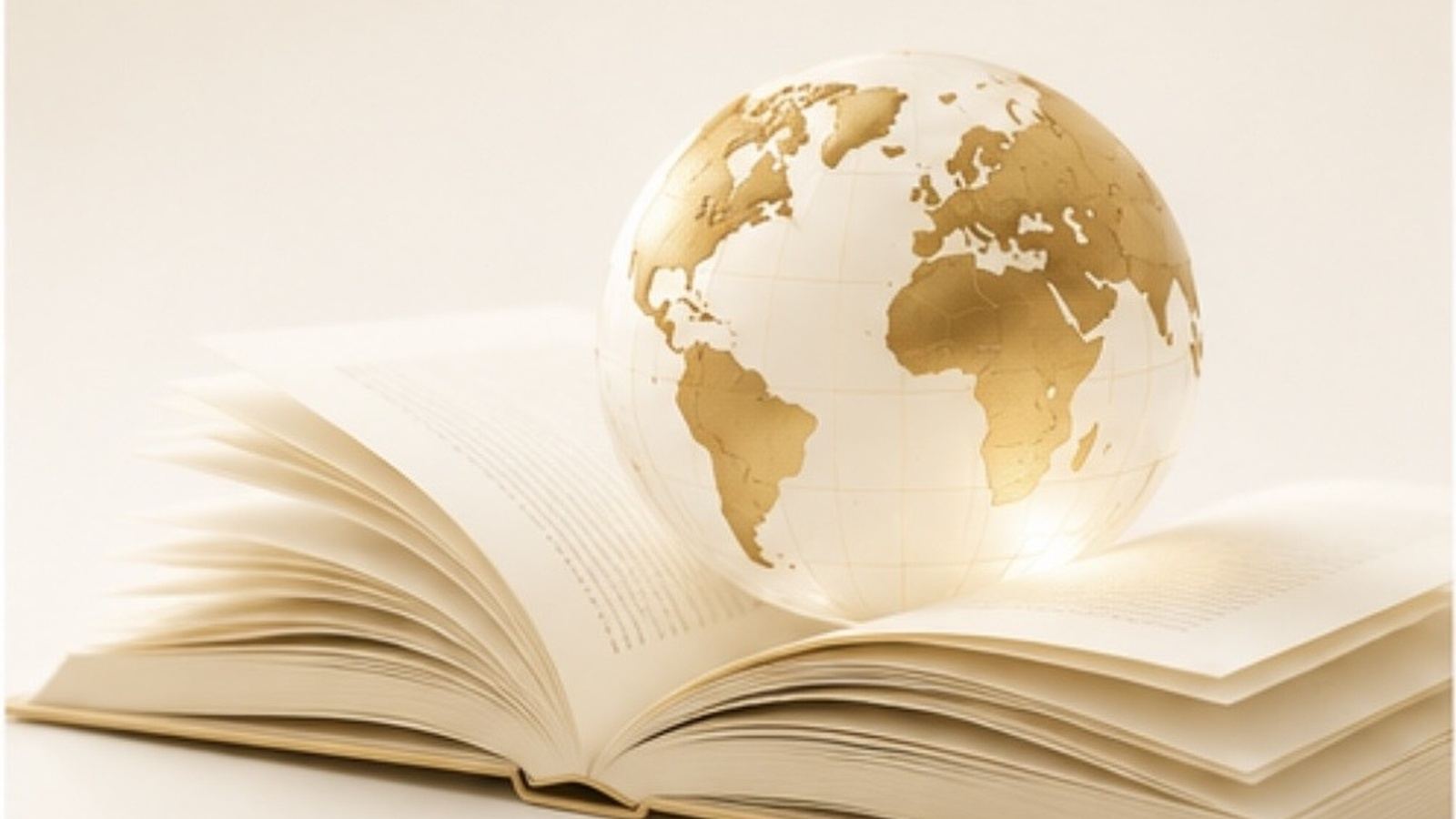 A translucent gold-and-cream globe resting on the open pages of a book — national skills and workforce transformation.