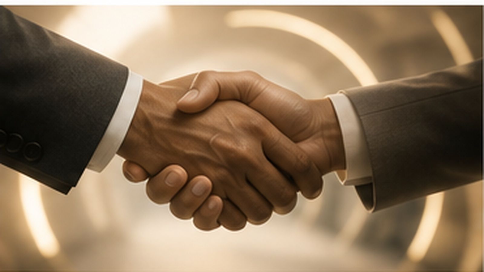 Two people shaking hands within a ring of golden light.