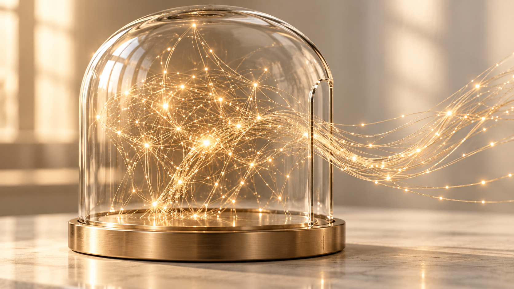 Golden strands of connected light escaping from a clear glass dome on a bronze base.