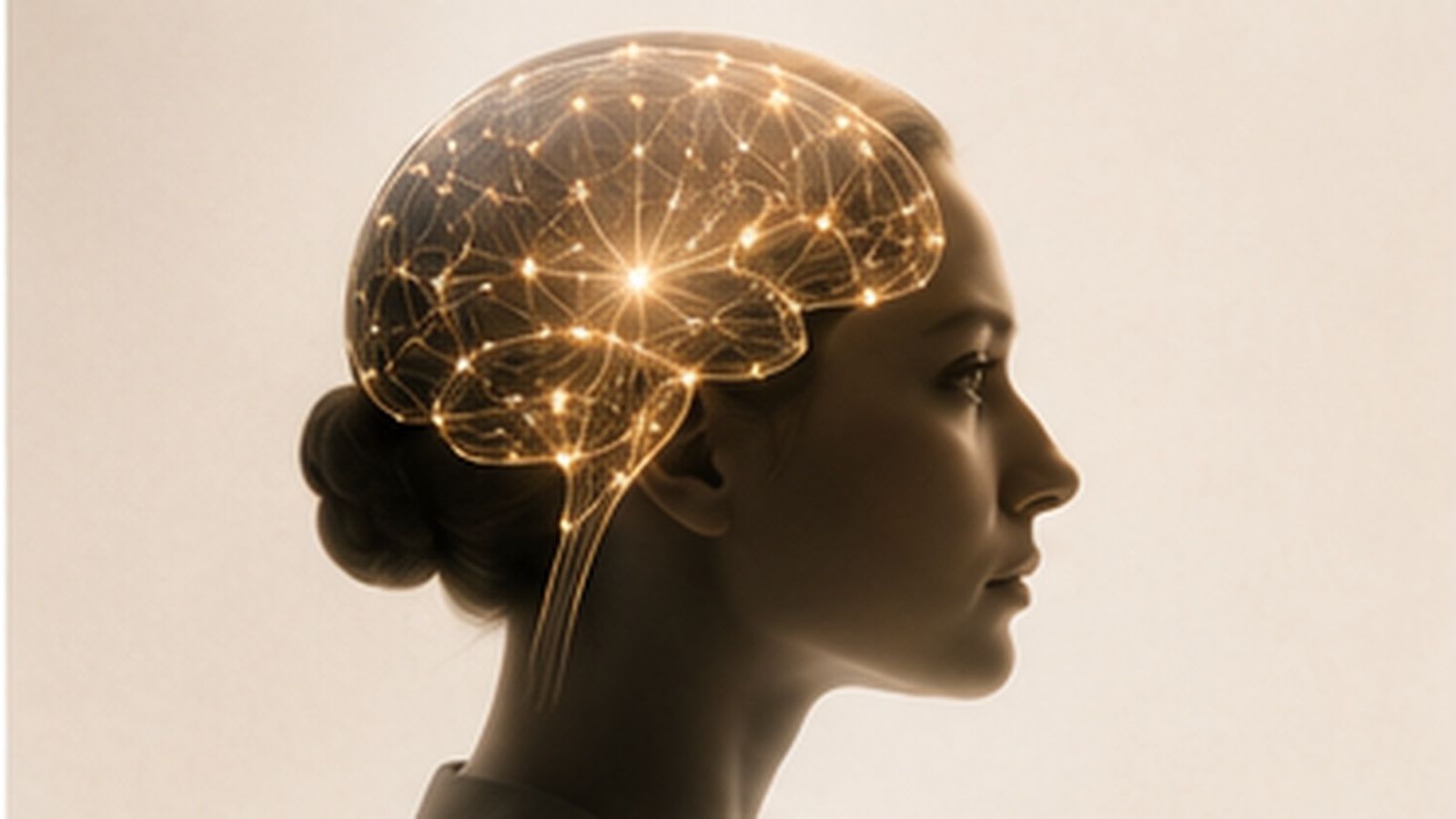 A woman in profile with a luminous golden neural network illuminating her brain.
