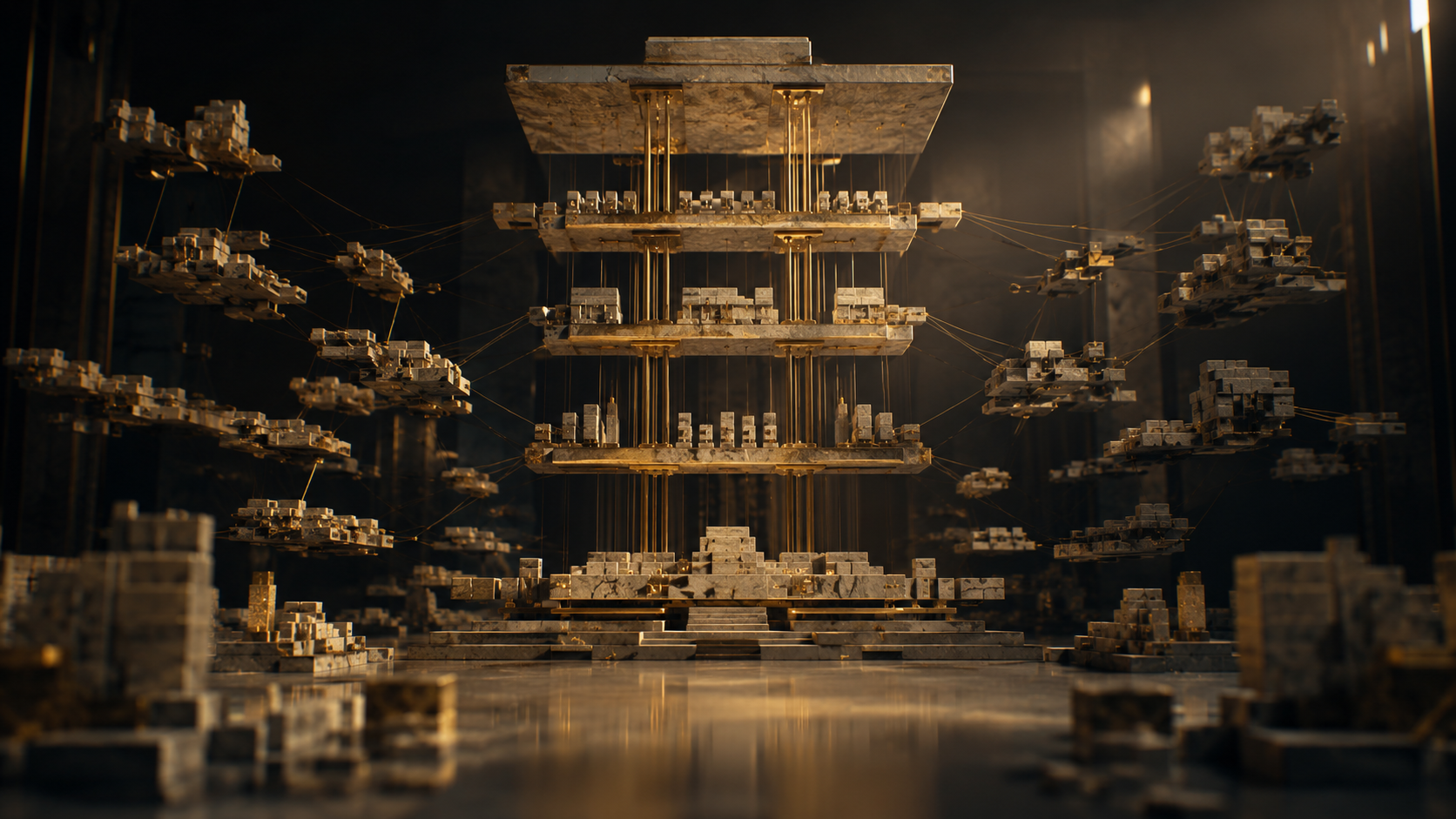 Abstract dark-room installation: clusters of pale-stone and brass cube modules suspended on filaments around a tall central stepped structure of clean layers and gold pillars — fragmented capability resolving into a coherent operating model.