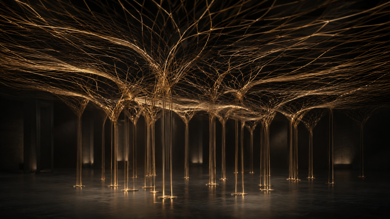 Abstract dark-hall installation: many slender golden filaments rising from a polished floor and weaving into a single luminous lattice canopy overhead.
