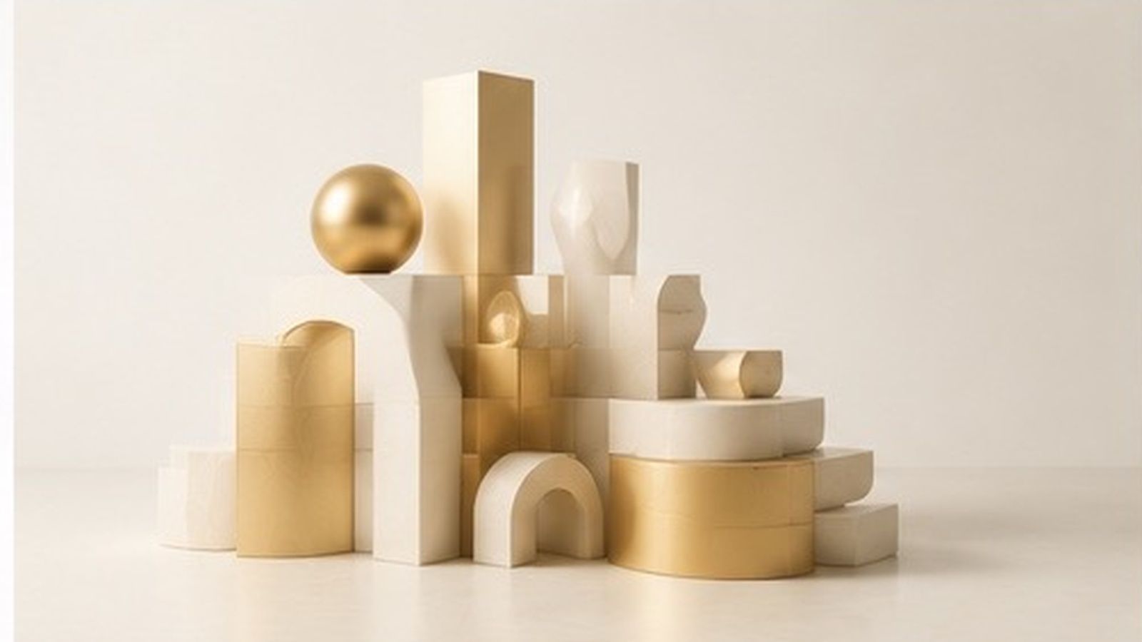 An arrangement of cream and brass-gold geometric forms — cylinders, arches, a sphere and columns — assembled into a single architectural cluster — capability architecture and operating-model alignment.