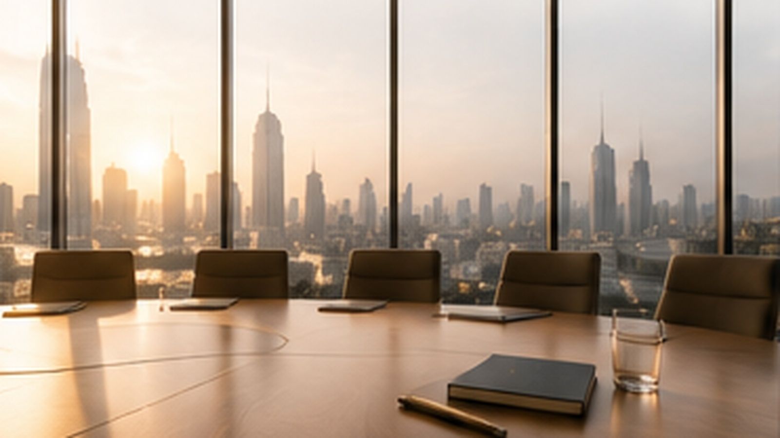 An empty boardroom table at golden hour, a city skyline beyond the windows.