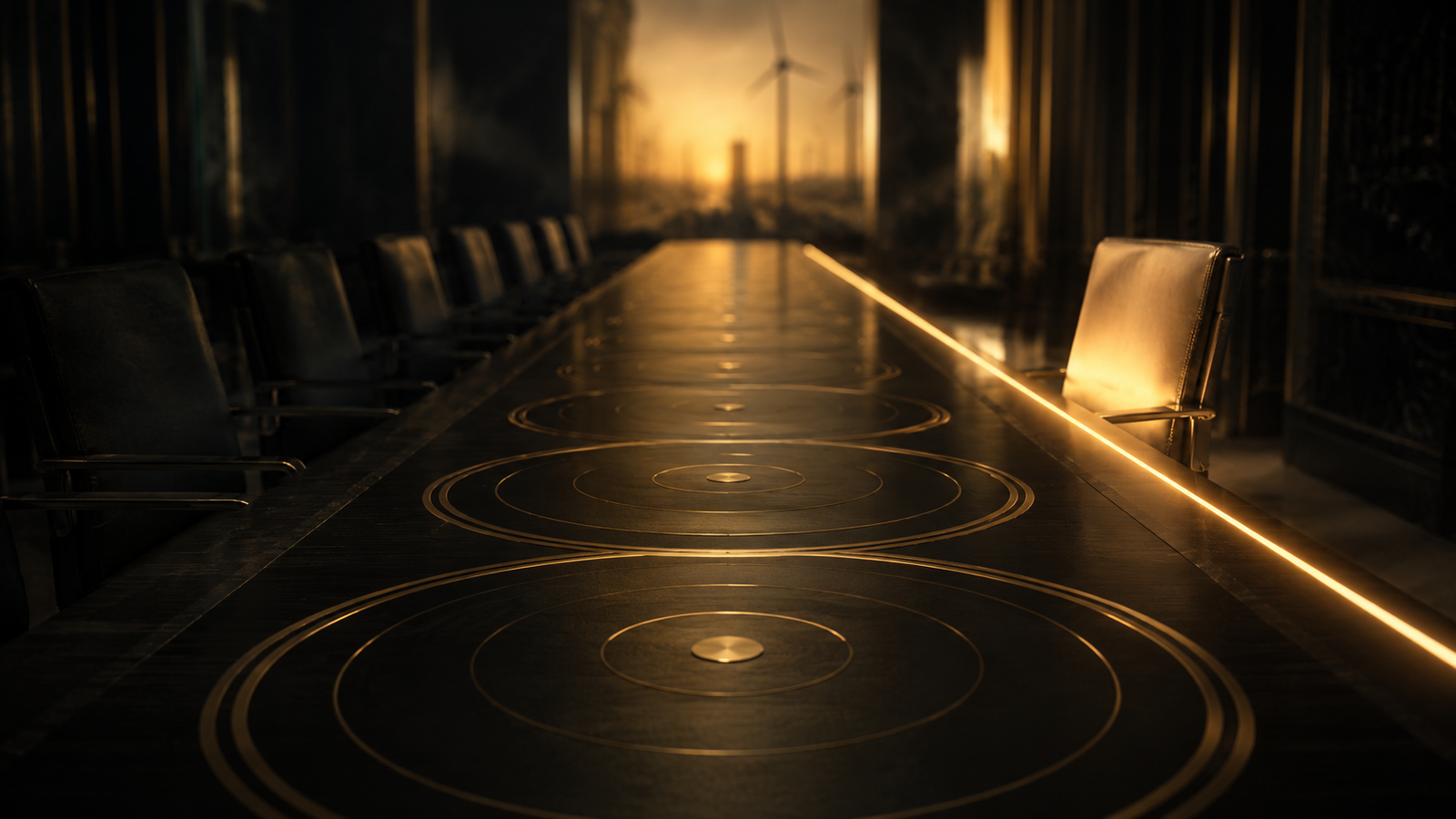 Empty polished dark boardroom table inlaid with concentric brass rings, stretching toward a distant warm horizon glow with wind turbines on the skyline.