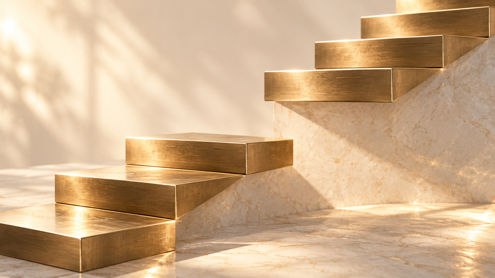 A broken sequence of gold steps ascending across pale stone in warm light.