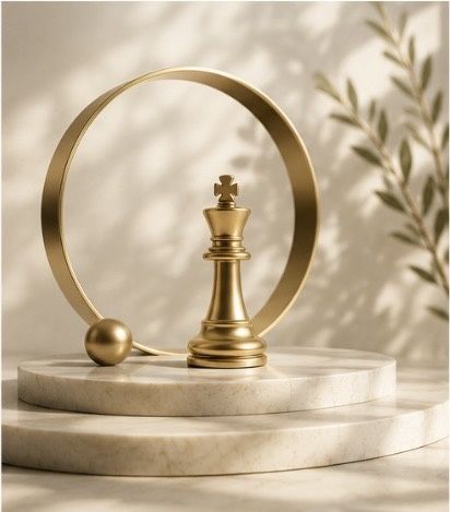 A polished gold chess king standing within a slender gold ring on a marble podium — the Signature Program.