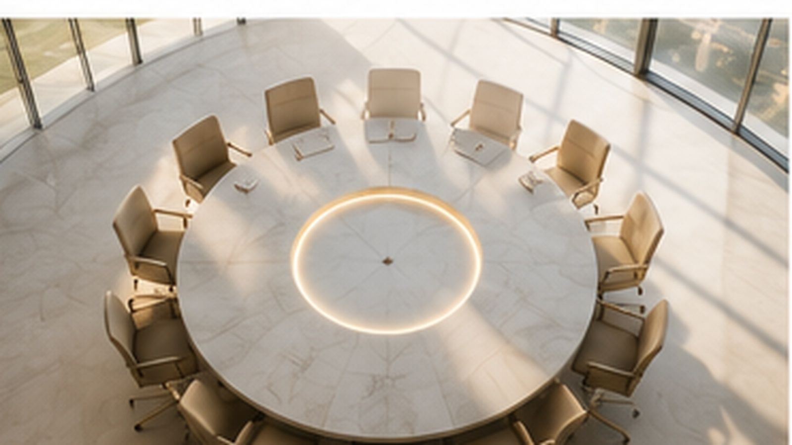 An empty round boardroom table seen from above, ringed by chairs and a band of gold light.