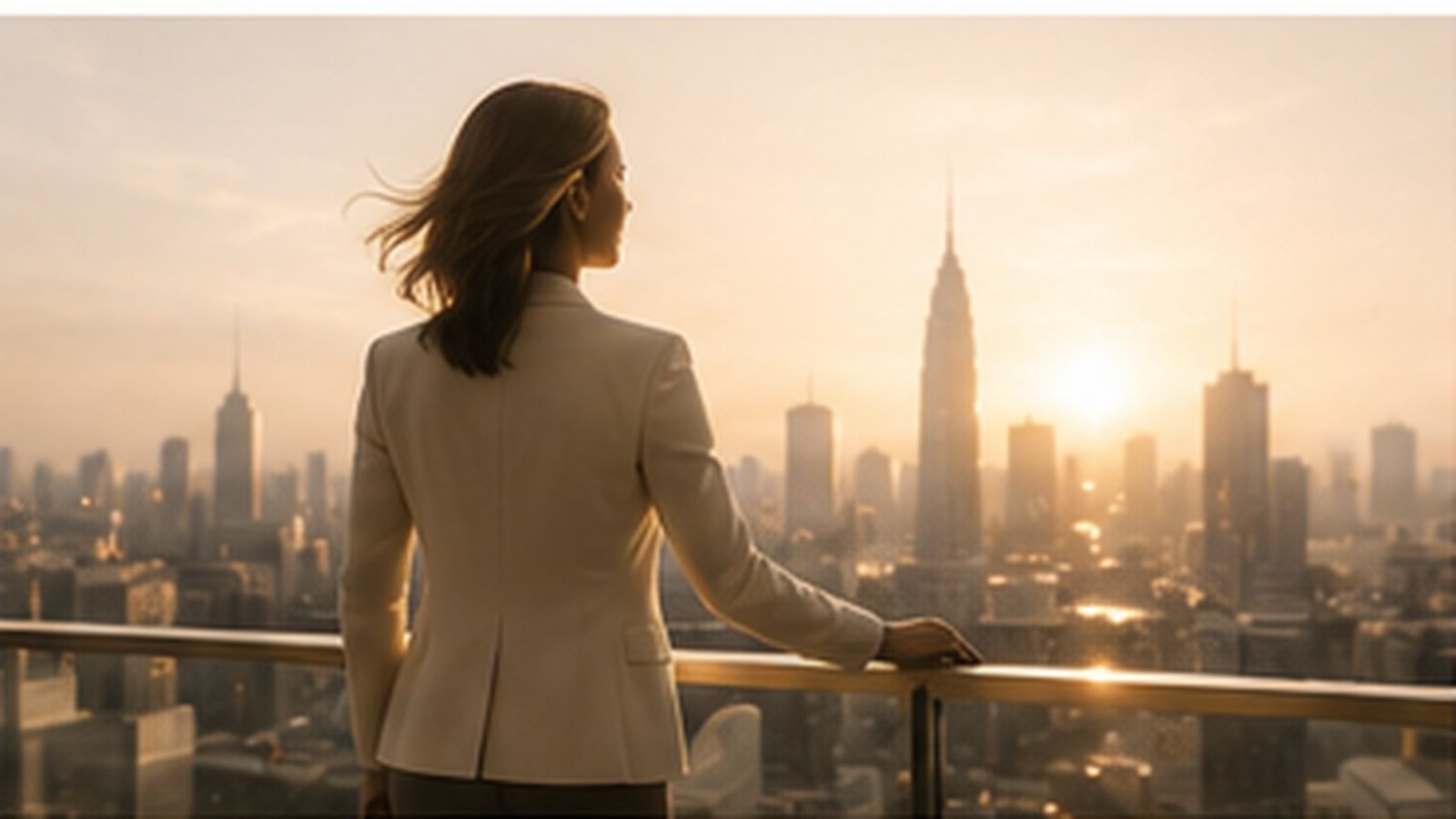 A woman executive at a railing looking out over a city at golden hour.