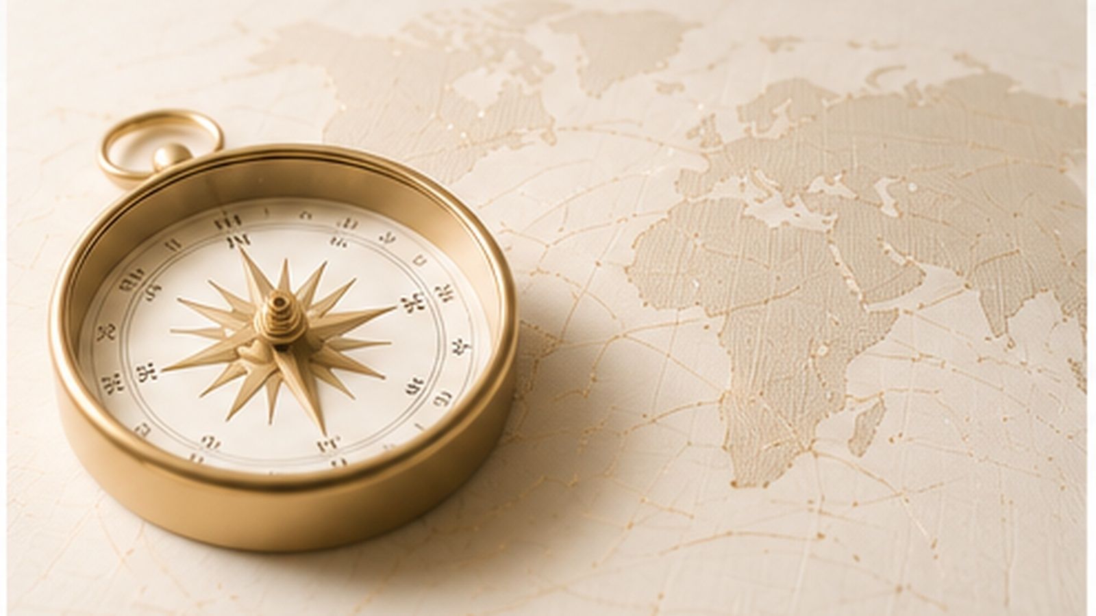 A brass compass resting on a cream world map, its star-rose needle holding north — governance, leadership continuity and AI oversight.