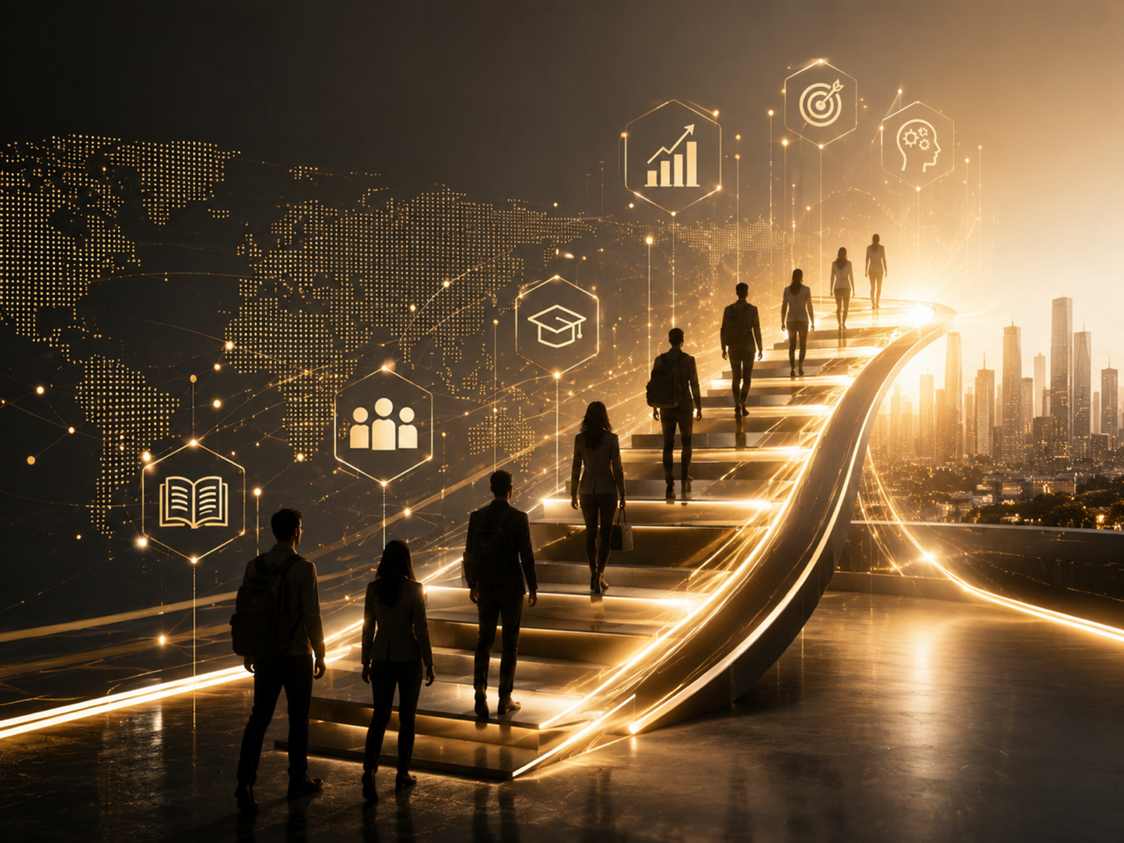 Professionals ascending glowing steps towards skills, growth and learning icons above a dotted world map — national skills and workforce transformation.