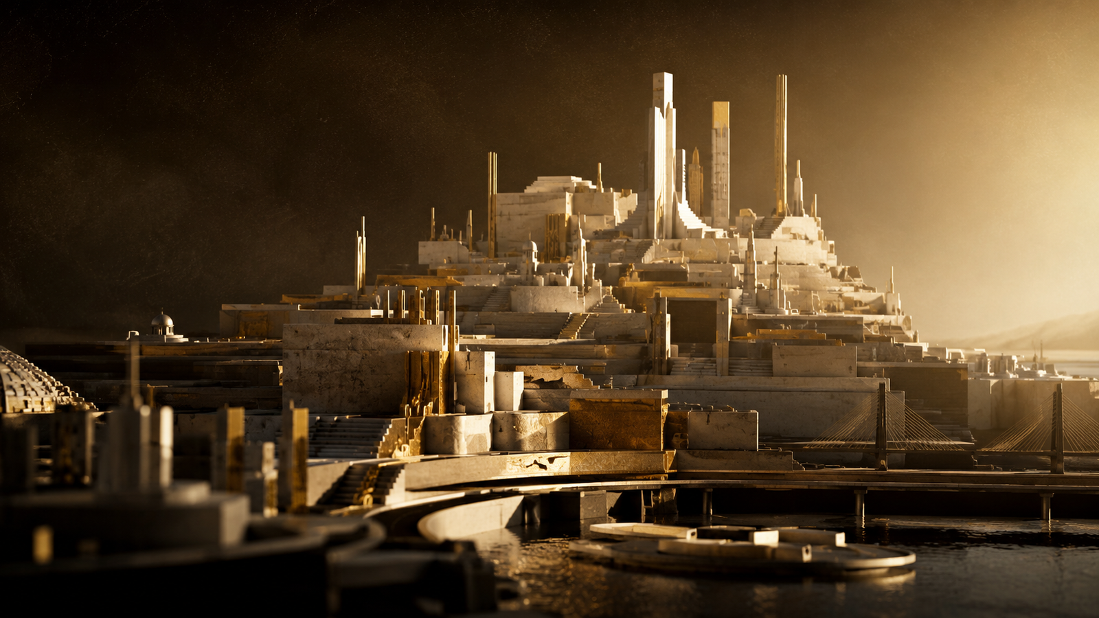Abstract scale model of a city rising from a riverfront in pale stone and warm brass, lit by a low golden horizon.