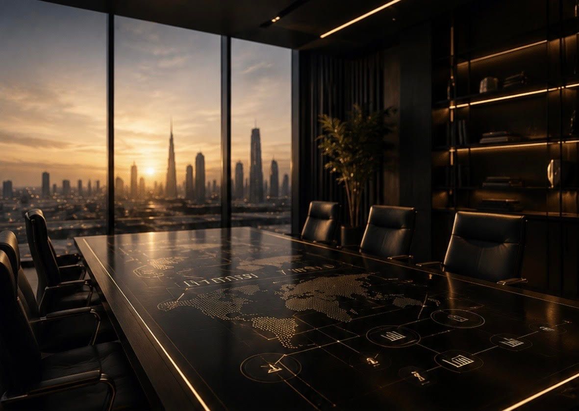 A darkened executive boardroom at dusk with a world-map inlaid table and a city skyline beyond floor-to-ceiling windows — board leadership and succession.