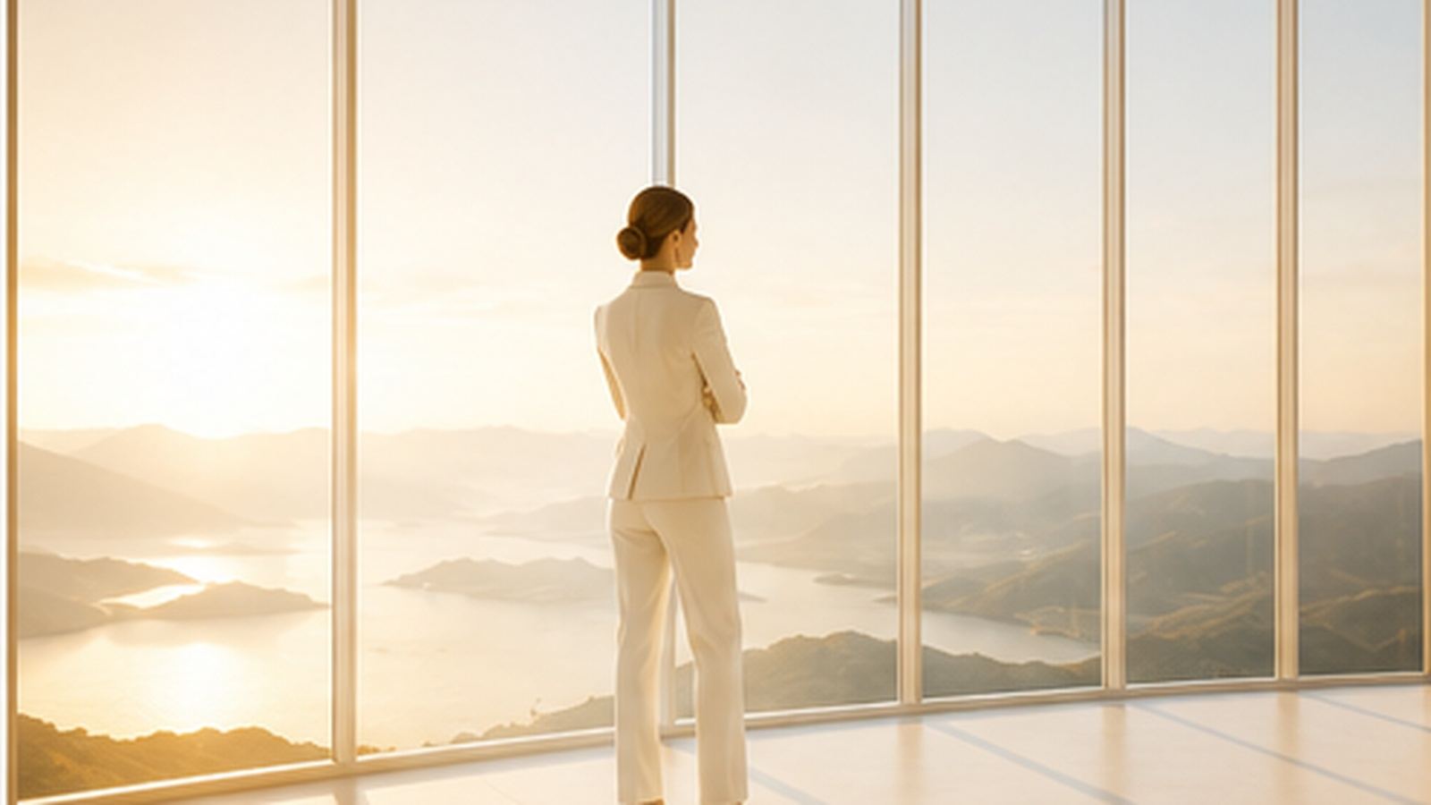 A woman in a cream suit stands with her back to the camera, arms folded, gazing through floor-to-ceiling windows over a golden sunrise across mountains and water — AI workforce transformation and leadership build.