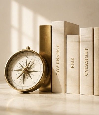 A gold compass resting against a row of cream books labelled Governance, Risk and Oversight — the Board Member Program.