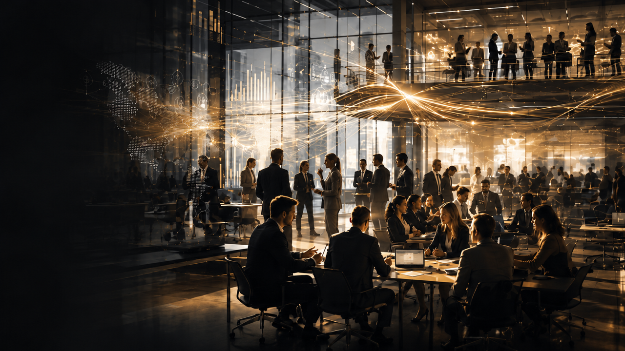 Leadership teams collaborating across a glass-walled corporate office, overlaid with a luminous global data-network — AI workforce transformation and leadership build.