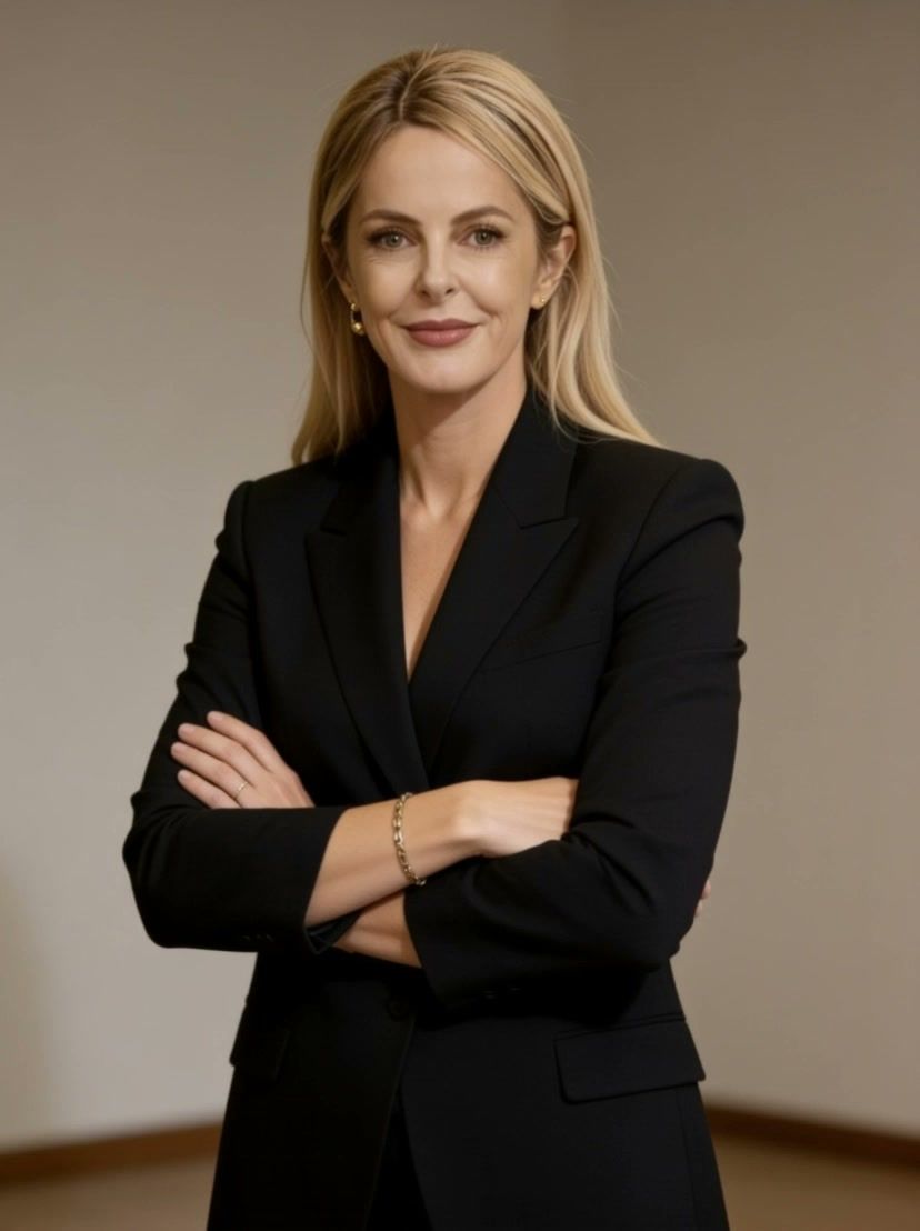 Dr Kate Barker stands with her arms crossed, smiling, in a black tailored blazer against a warm neutral studio backdrop.