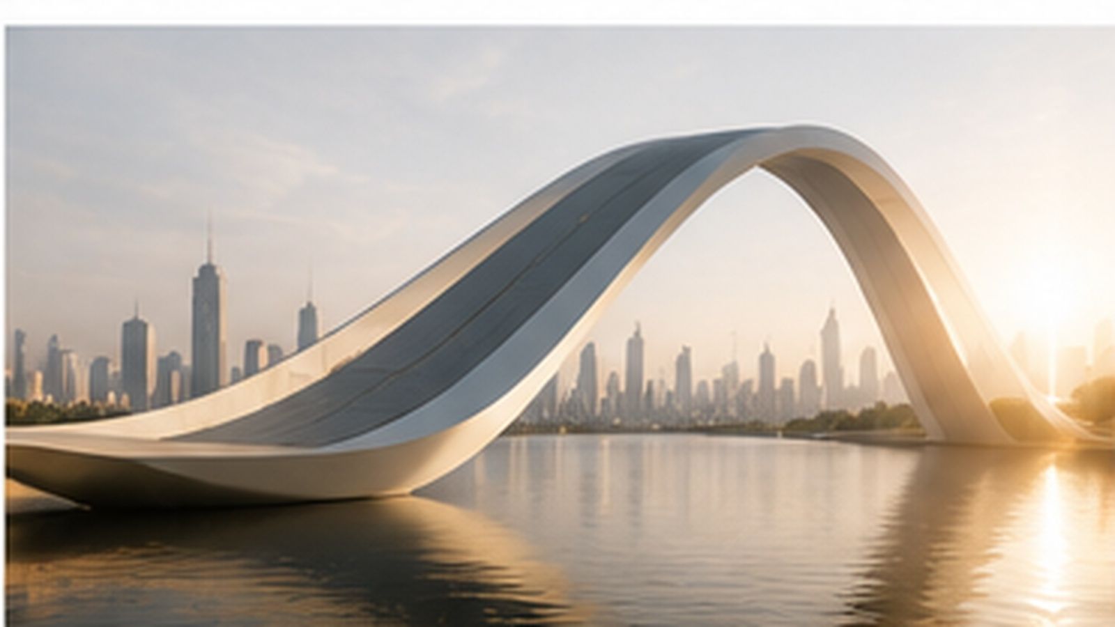A sweeping white bridge arcing over water before a city skyline at dawn.