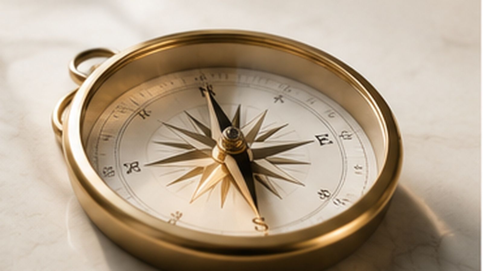 A brass compass resting on a warm, softly lit surface.